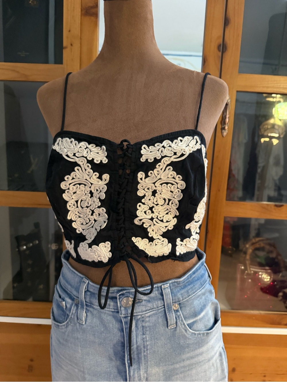 H&M Black Cropped Lace-Up Camisole with Cream Embroidery